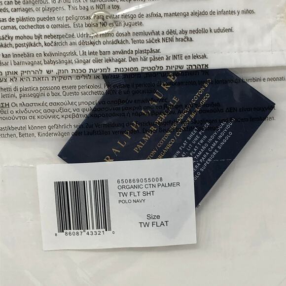 Ralph Lauren Organic Cotton Percale Palmer Twin Flat Sheet White Polo Navy New - Picture 2 of 10